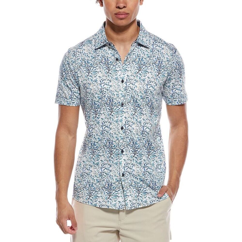 Raffi Mens  Leaf Print Button Shirt, Blue